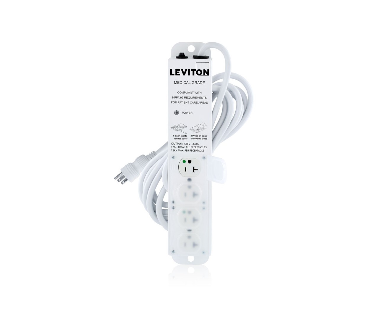 Leviton 125VAC 16Amp 4xNEMA 5-20R Medical Grade Power Strip 5304M-2N5