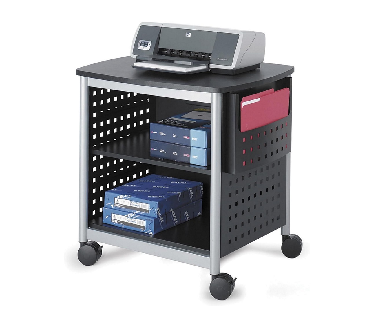 Safco Products Scoot Desk Side Printer Stand Black 200 lbs. Capacity Swivel Wheels Silver Powder Coat Finish 1856BL