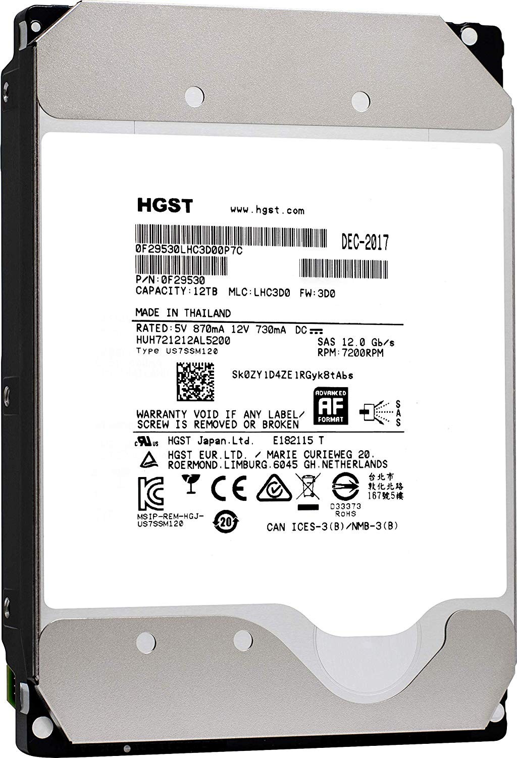 Hitachi 12TB Hgst Wd Dc HC520 7200RPM Sas 12GB/s 3.5 Internal Hdd 0F29530